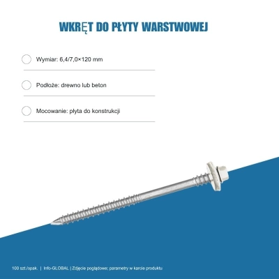Wkręt do płyty warstwowej Info-GLOBAL ARW 0 CSG 6,4/7,0×120 mm, kolory RAL, 100 szt.